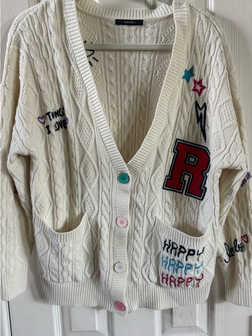 Forever 21 Creamy White Cable-Knit Embroidered Cardigan with Red Patch Accents - Picture 2 of 7